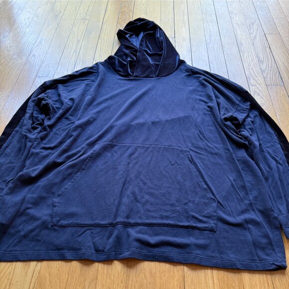 Eileen Fisher Size M Navy Blue Oversized Velvet Trim Hoodie Sweatshirt Pullover - Picture 3 of 16
